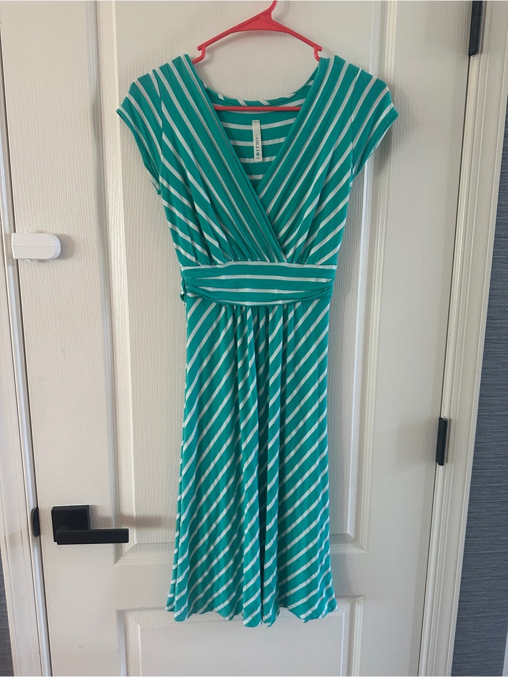 Gilli Teal and White Striped Wrap-Style Dress